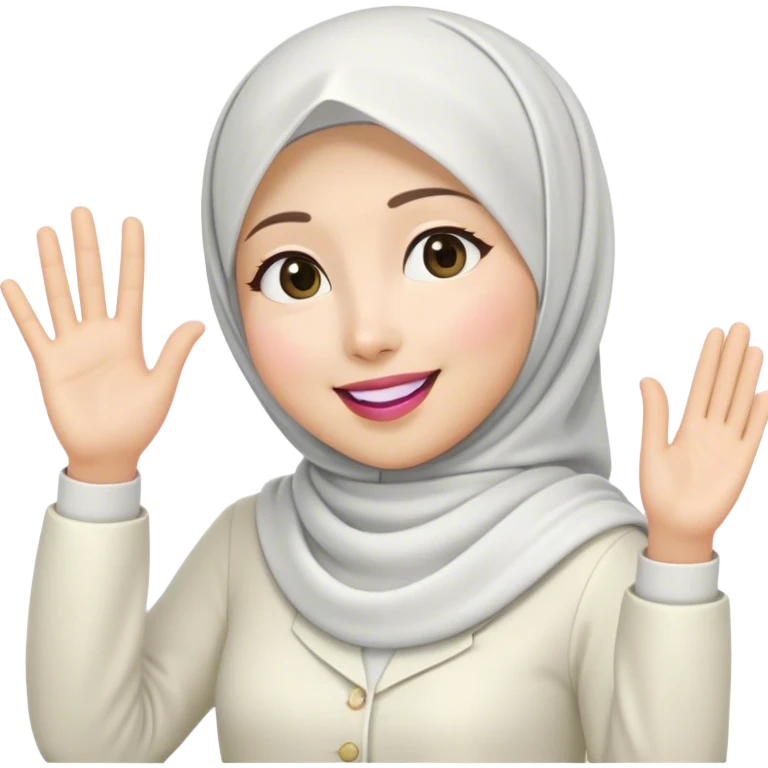 Asian white woman hijab, her hijab color is white, her face is small oval, her face is firm, her lips are pink, her eyes is shining, her face looks happy and excited, her eyes are also smiling, her outfit color is white. Generate emoji that show full body and her left hand is waving to the left emoji