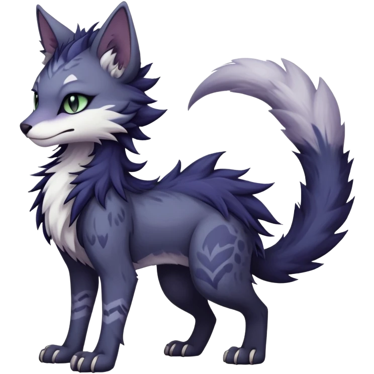 Kawaii dark edgy gloomy dusky dull-colored fantasy ethereal feline-vernid-sergal-fursona animal creature with a tufted tail full body with intricate markings  emoji