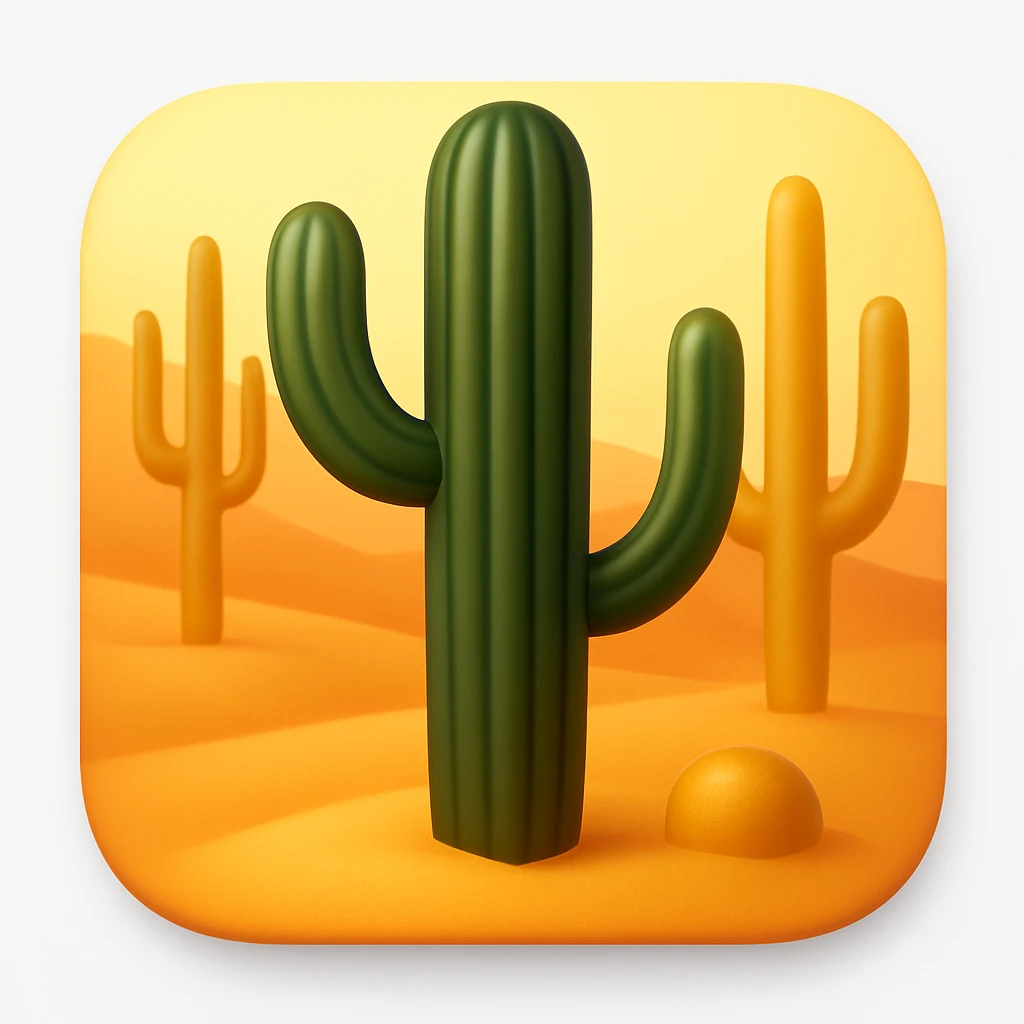 Create a desert emoji exactly like the reference image in iOS emoji style. Include the same cacti, sand, and colors with a smooth and shiny appearance. Add a soft shadow to the emoji. emoji