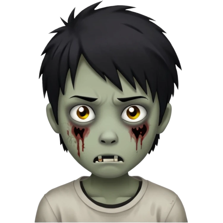 Boy, zombie, black hair, medium long,wolf cut, emo, shaggy, dark, spooky, creepy expression,sad emoji