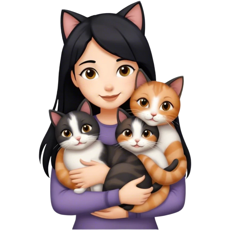 happy girl with black hair hugging three cats  (dark calico cat, gray cat, brown calico cat) emoji