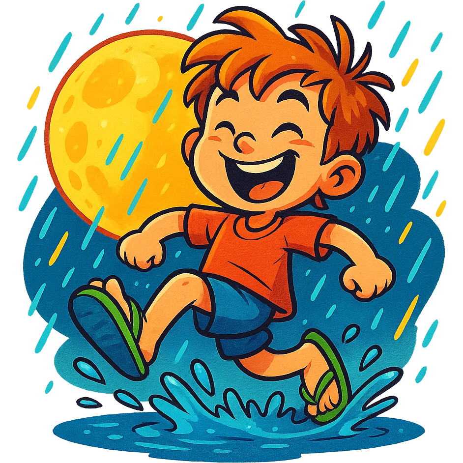 vibrant toon style criança sapeca de chinelos, chuva brilhante e lua grande emoji