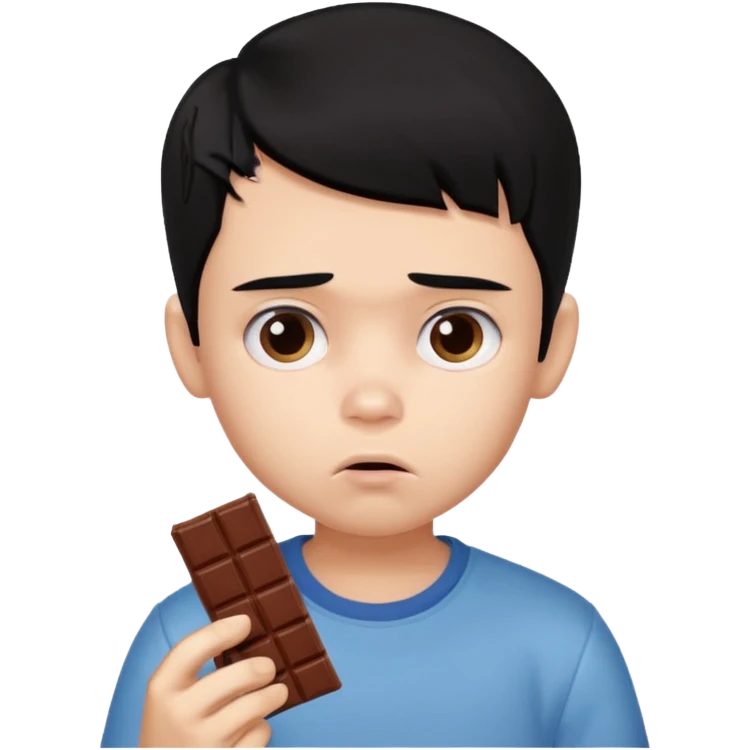 a PRETTY BRATZ boy with black hair eating chocolate and looking sad emoji