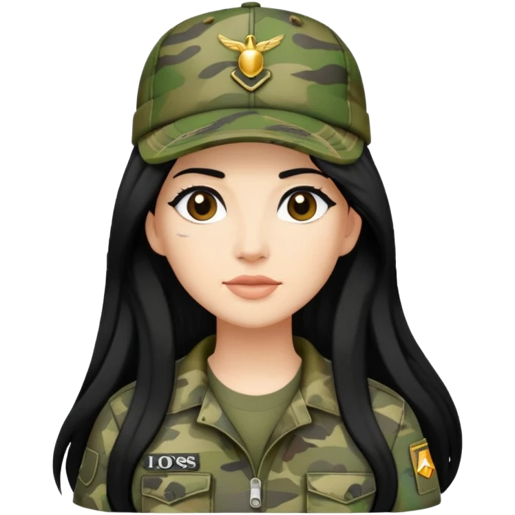 cartoon woman with long black hair wearing camo clothes and ian charms cap emoji