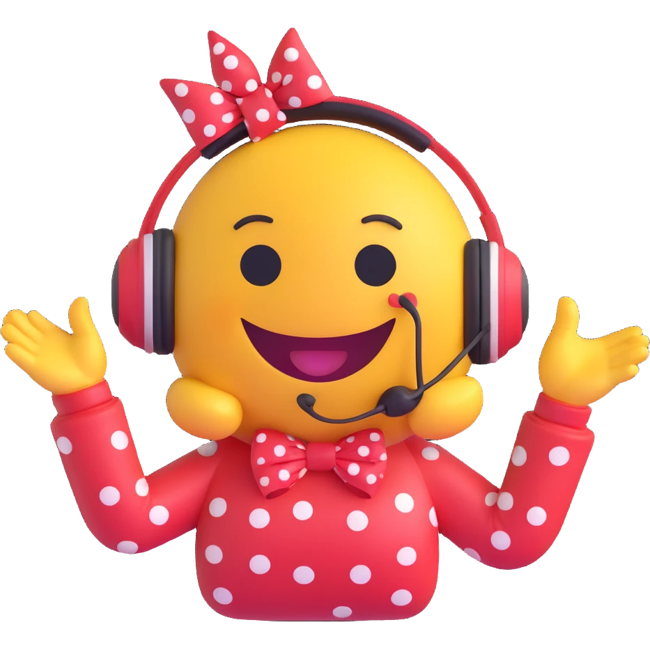 3D smiley emoji, large eyelashes, red polka dot bow, wearing headphones, smiling, waving with one hand, floating musical notes beside, cute style emoji