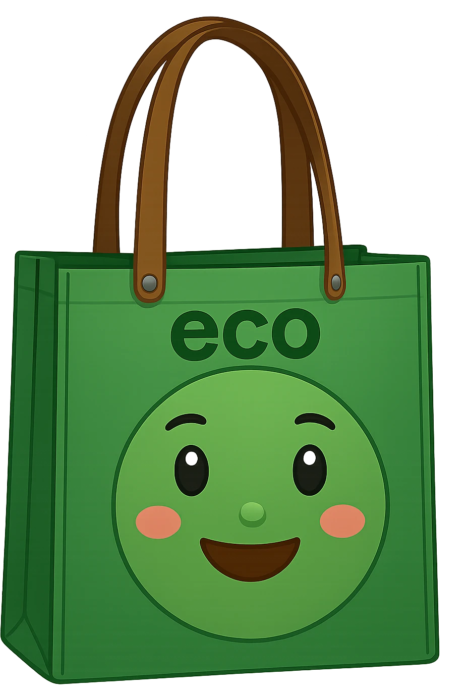Add the word 'eco' as a logo to the bag, make the bag green, in the style of apple emojis with no background (transparent). The style is apple emoji style, concise and clean. emoji