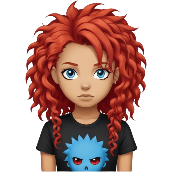punk-girl with long curly red hair and blue eyes, in a black punk t-shirt emoji