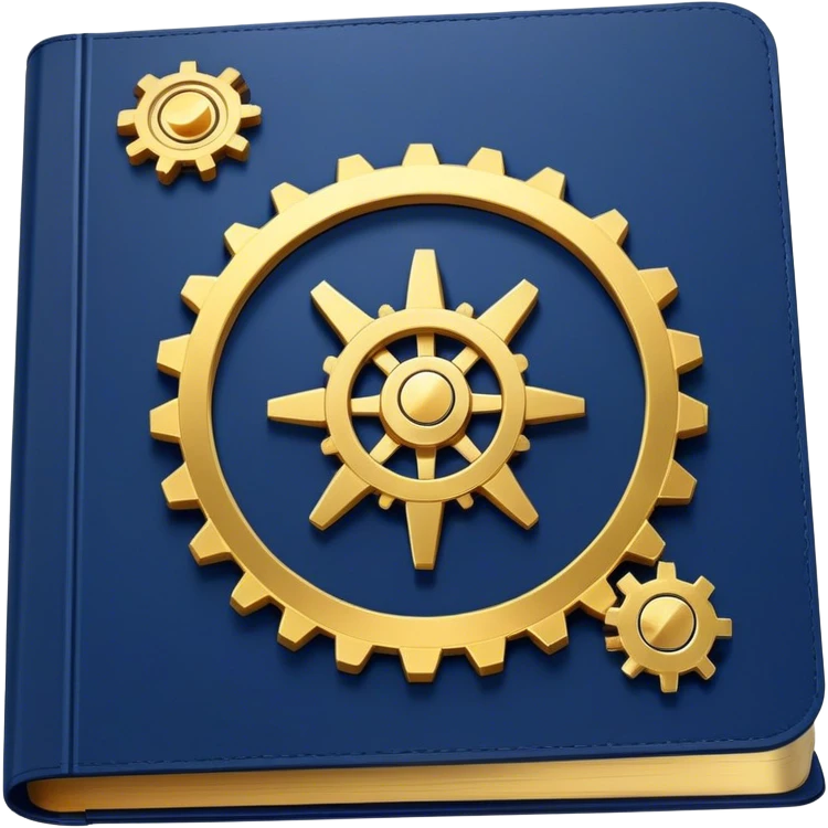 A navy blue book with gold details, metallic edges, and a golden gear with a chart with upward trend on the cover, radiating productivity, strategy, and success in motion- emoji