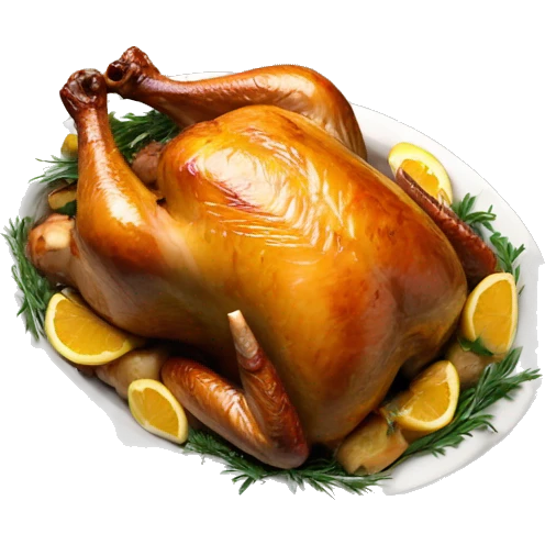 Roasted turkey coming out of an over with butter and herb emoji