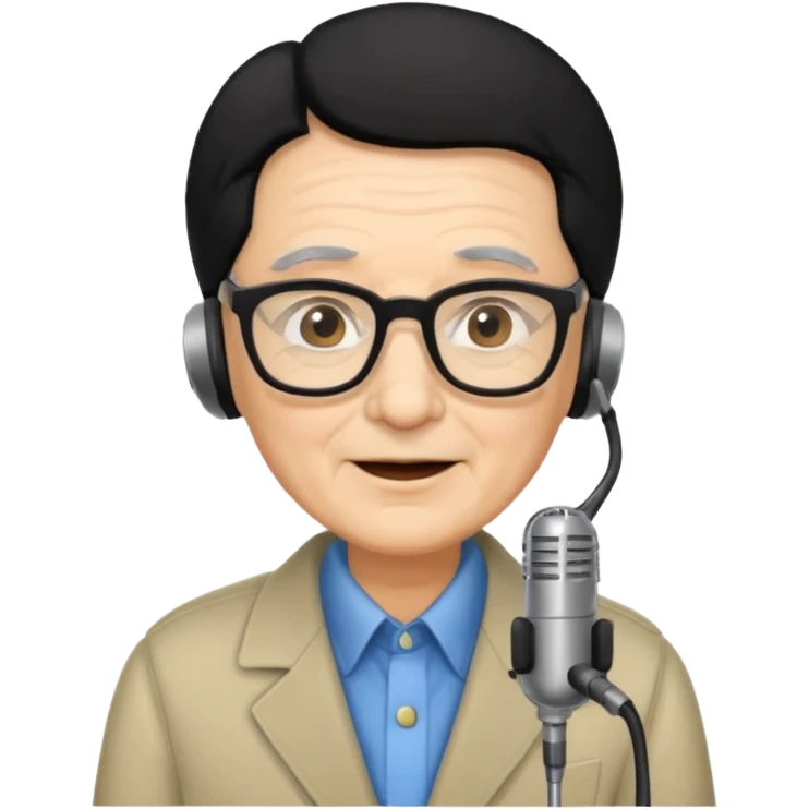 Un locutor de radio,edad avanzada,  pelo negro, con gafas, emoji