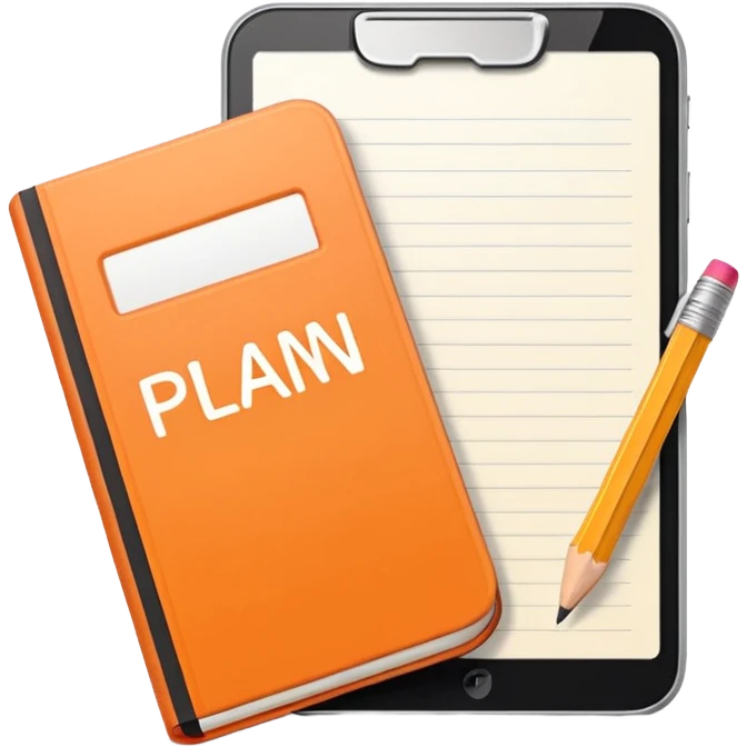 Emoji of a notebook with a pencil and the word “PLAN” written on the cover, iPhone emoji style. Flat design, smooth gradients, rounded edges, soft shadows, clean look, white background. emoji