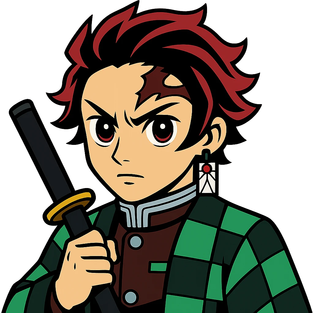 Make Tanjiro Kamado look more serious, keep vibrant anime style, green and black checkered haori, hanafuda earrings, no background emoji