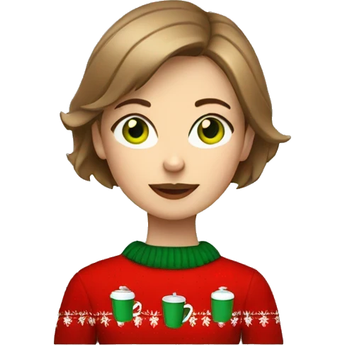Light brown short haired girl with green eyes drinking coffee wearing red Christmas sweater emoji