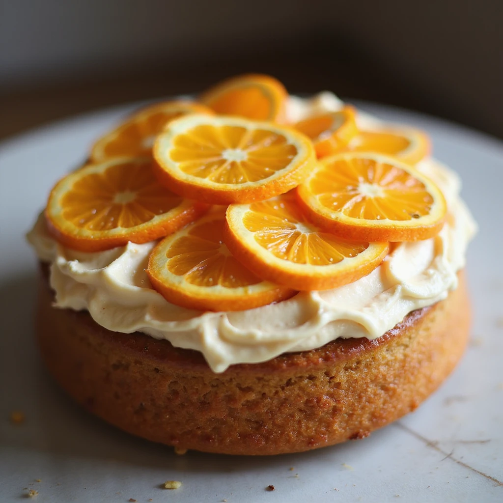 realistic round cake with orange frosting and candied orange slices, photorealistic style emoji