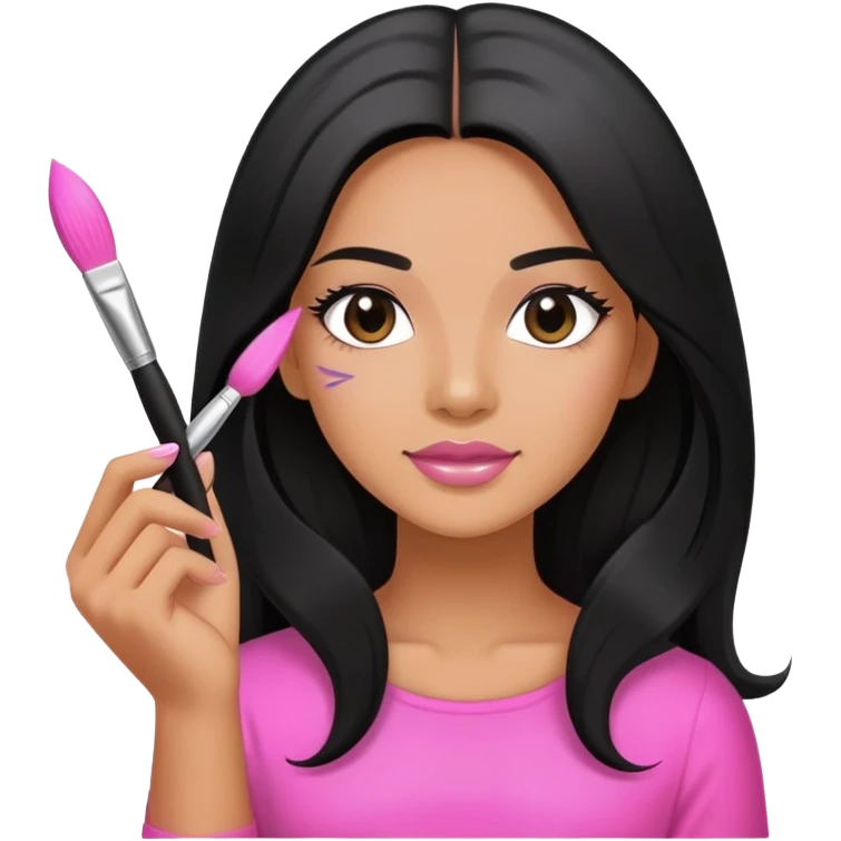 Pink Nail Tech with black long hair holding small acrylic brush emoji
