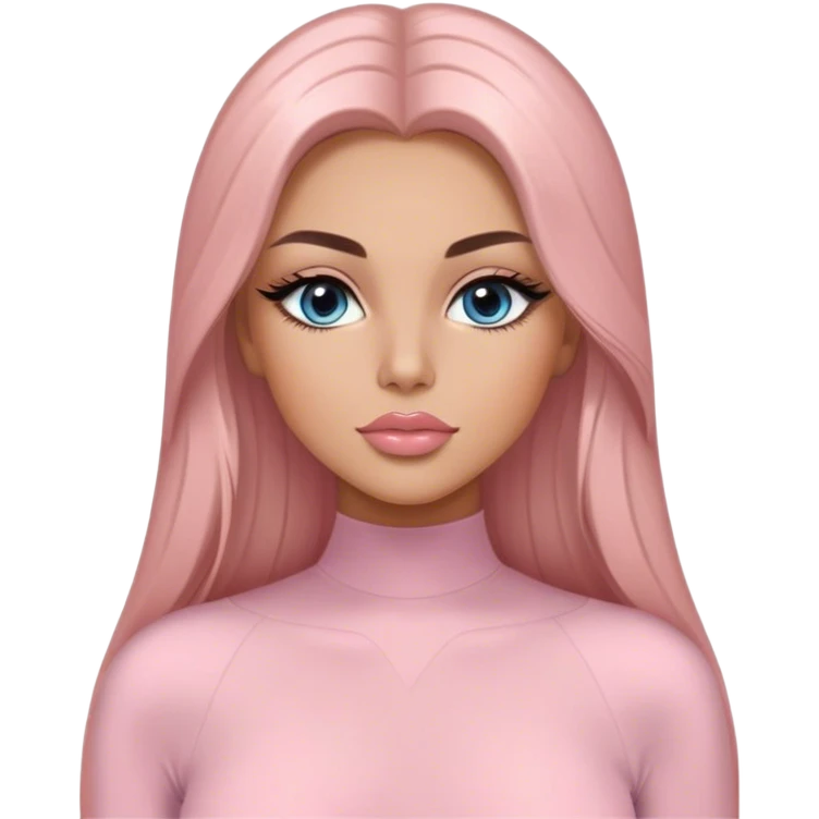 Glamours, tanned, very beautiful girl, with big pump peach-beige-rose lips, long long lashes, black straight smooth silky long hair, straight parting hair, blue-grey eyes in light pink long-sleeves bodysuit emoji