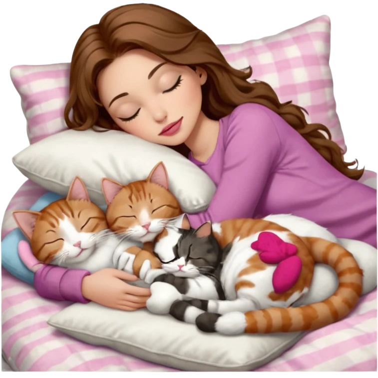 girl with long wavy brown hair, brown eyes, long lashes makeup, sexy pink lips, light to medium complexion,  sleeping on a cozy pillow, with 6 cats: 1 brown and white tabby cat, 1 ginger and white, 2 grey and white, 1 grey with white mittens and small white patch on chest and 1 calico, sleeping emoji