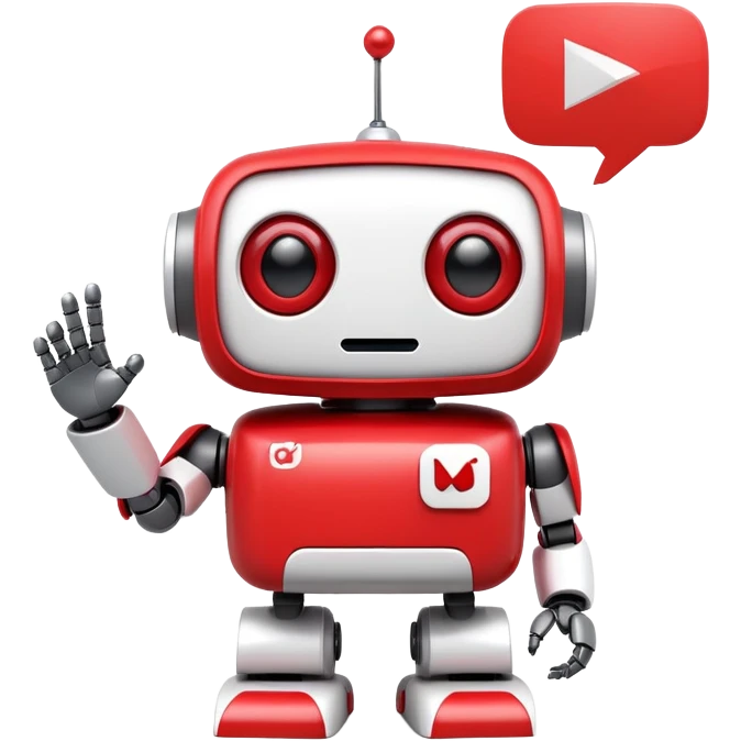 A cute 3D robot mascot icon with YouTube-style play button eyes and a speech bubble, red and white color scheme, friendly and approachable design, perfect for AI chat interface emoji