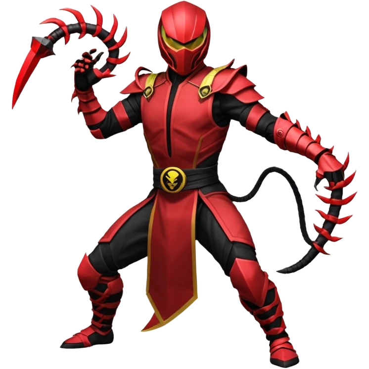 ⚡Look: Agile black-and-crimson suit with sharp angular armor Weapon: Energy whip that can split and paralyze multiple targets Details: Scorpion-like armor accents Vibe: Bold, dangerous, thrives in chaos Stance: Mid-spin, whip striking multiple foes MORTAL KOMBAT style emoji
