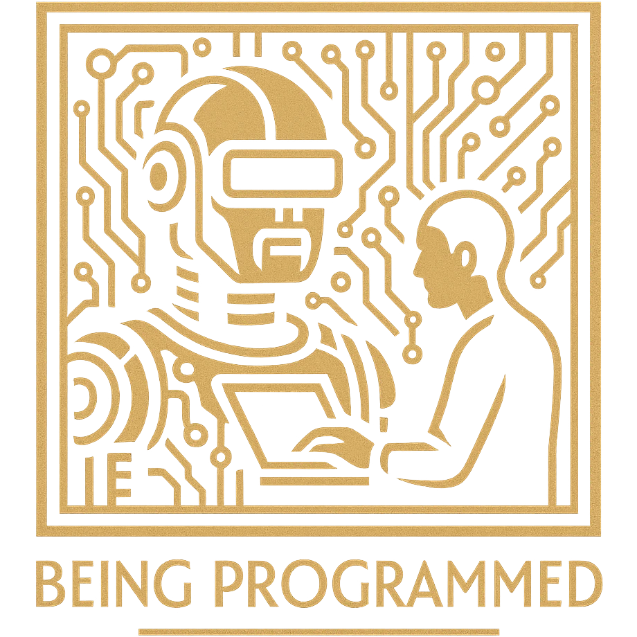 art deco logo of a robot being programmed, stylized circuitry, gold and black, streamlined forms, bold outlines emoji