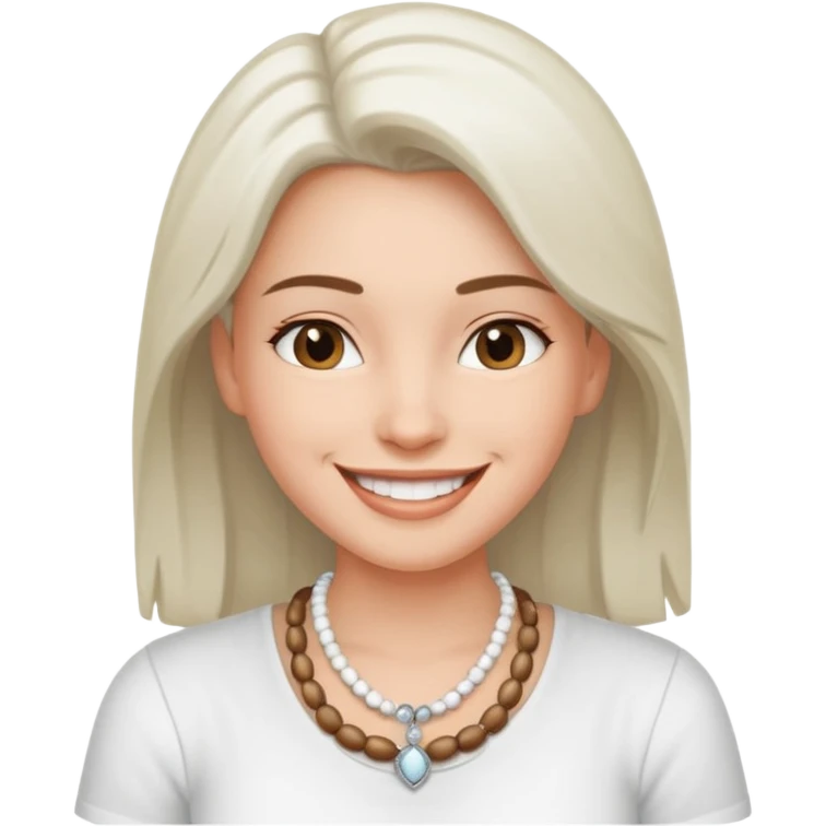 Счастливая Девушка с украшение на шее в виде бус белого и серебряного цвета в белой рубашке emoji