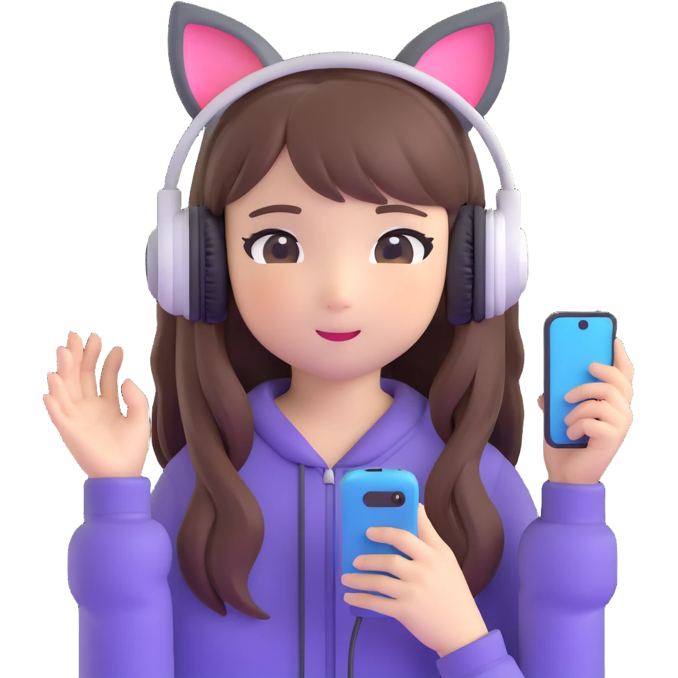 Adorable Japanese girl with long hair, cute cat ear headphones and holding smartphone emoji