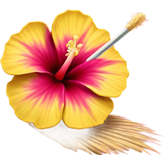 Hibiscus that is yellow on outside and fades to pink then maroon in the centre, in a coconut with a straw emoji
