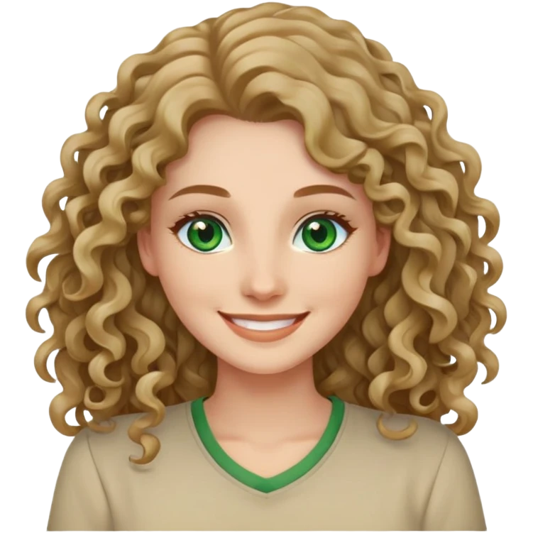 Woman smiling with green eyes and wearing beige shirt and long curly hair emoji