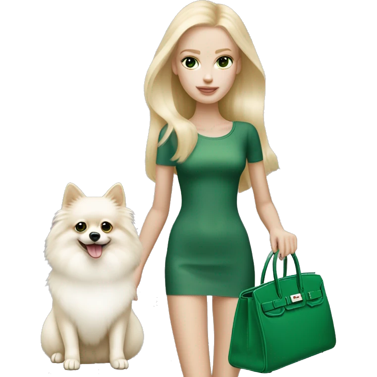 Blonde skinny girl with green eyes and pale skin with white pomeranian and Hermes birkin bag emoji