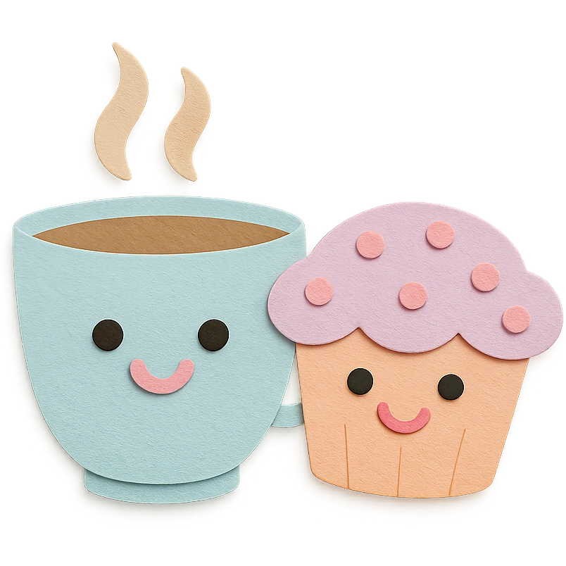 coffee cup with muffin character, smiling faces, soft pastel colors, transparent background emoji