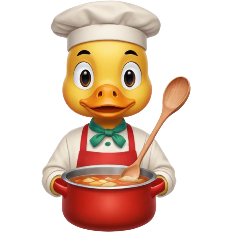 A duck wearing red apron stirring soup in a small pot, looking very focused. emoji