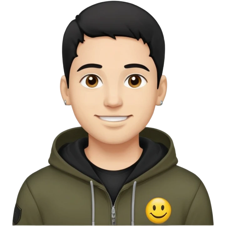 man with smiley face, black hair military cut, brown eyes, wearing 2 circle earrings and a black hoodie emoji