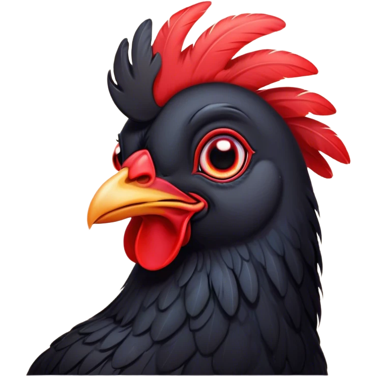 Cinematic Cute Black Chicken Portrait Emoji, Head tilted playfully and inquisitively, featuring sleek, lustrous black feathers and a vibrant red comb, round, sparkling beady eyes filled with curiosity, Simplified yet irresistibly adorable features, highly detailed, glowing with a warm, friendly glow, high shine, affectionate and lively, stylized with a touch of whimsical charm, bright and endearing, soft glowing outline, capturing the essence of a mischievous yet loving chicken, so playful it feels like it could peck out of the screen and into your arms! emoji