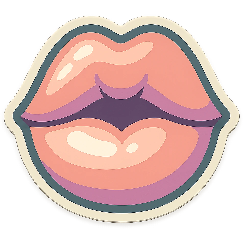 Lips with a slightly open mouth kissing the screen, facing strictly forward, with clear shadows and highlights without gradient, in retro stickers style. Thin clean outlines, soft rounded shapes, pastel palette with colors #98B5BC, #B5B3C1, #C9A3C9, #E4C0CA, #F7DCD1, #F7C0AA. Transparent background, no decorative elements. emoji