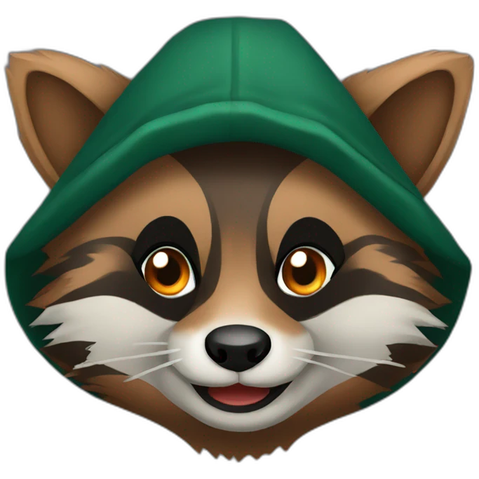brown raccoon with orange eyes and a dark green hood that is laughing emoji