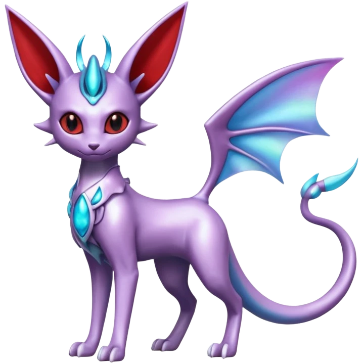 Mechanical Silvery Iridescent Miraidon-Espeon-Mewtwo-Vaporeon-Fakémon-hybrid-creature (full body)  with red eyes and intricate markings emoji