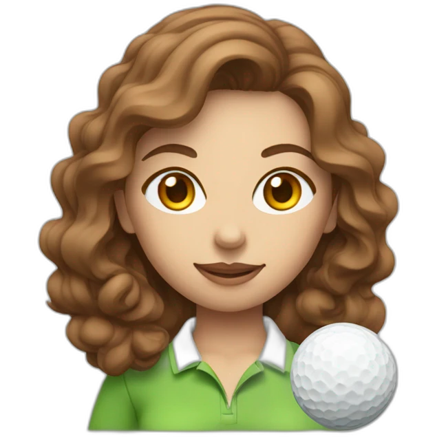female with brown wavy hair dressed in golfwear holding golf ball emoji