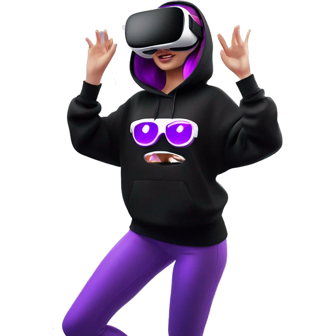 Russian girl wearing black hoody with violet letters "OMG", in vr headset oculus quest2. Dancing. Cyberpunk style. Violet neon. emoji