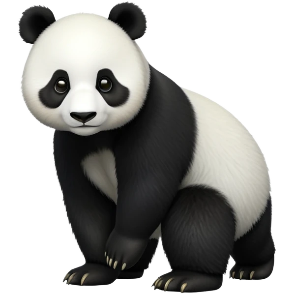 cinematic-[panda bear]-realistic-full-body-standing on all fours-emoji,-tail-tucked-close,-head-tilted-dramatically,-thick-[black and white]-fur,-simplified-yet-realistic-focused-features,-highly-detailed,-glowing-with-an-almost-sarcastic-glow emoji