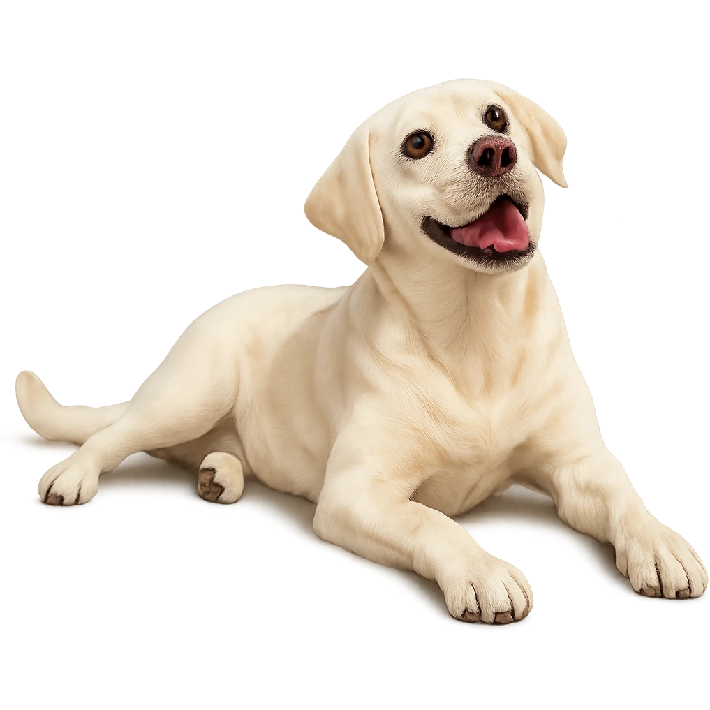 labrador girl, lying down, looking up, light fur, playful look emoji
