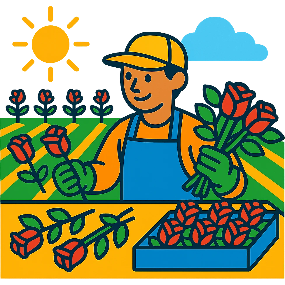 rose farm emoji with a worker grading and bunching roses, vibrant toon style emoji