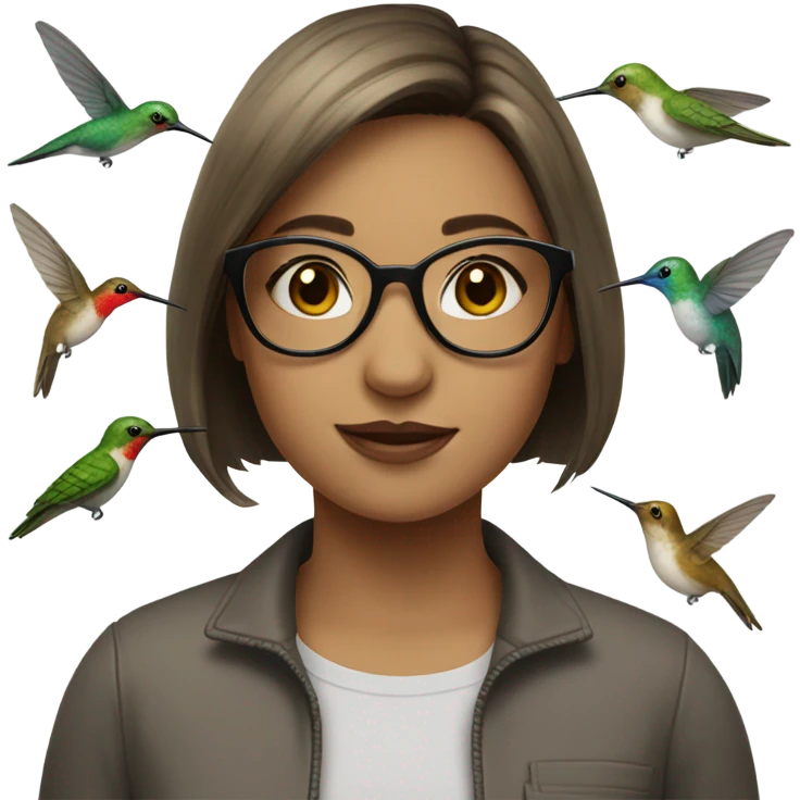 Girl pale , brunette, with short hair, wearing glasses with a hummingbird next to her emoji