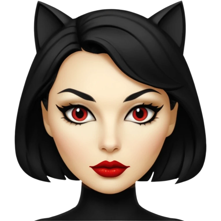 Cat woman goldish skin dark black eyes with black eyeliner dark hair big lips  emoji