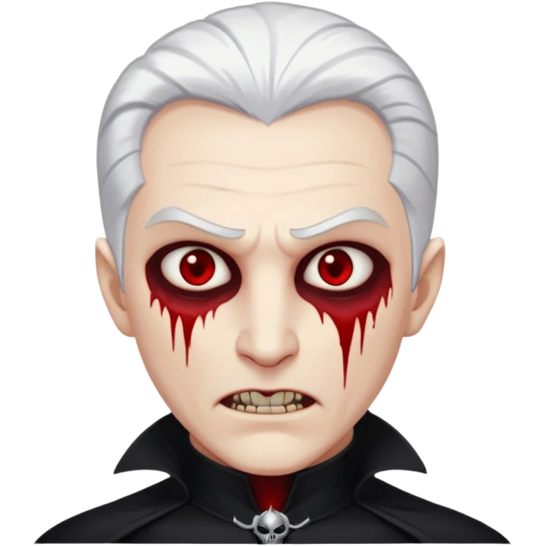 Creat a young man Vampire with white skin and white hair "make him have slide back hair" and full black vampire clothes and bloody eyes and long fangs and scary dead sleepy eyes and silver logo on his neck emoji