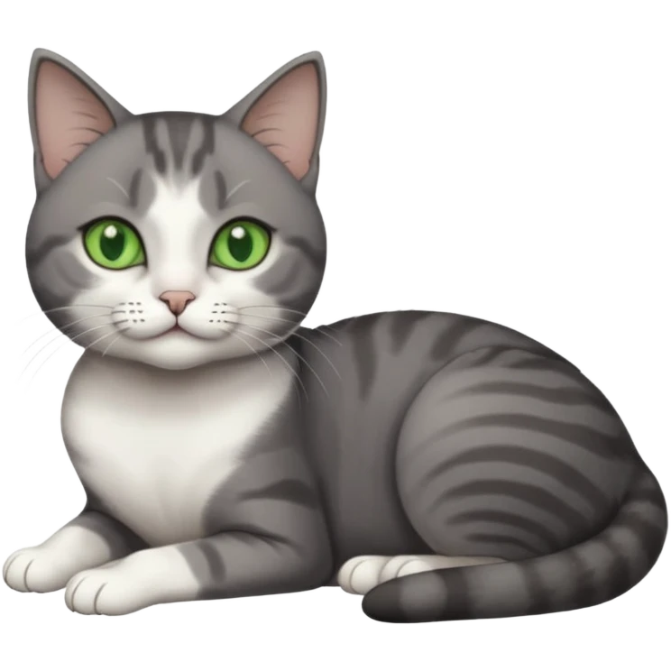 full body tiny short hair dark grey and white cat with white front legs and green  eyes lying down emoji