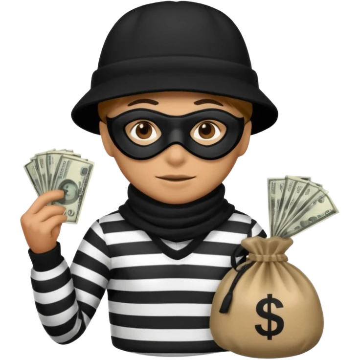 A emoji of a person wearing a black and white robber outfit and a black winter hat and a black mask and a Money Bag emoji