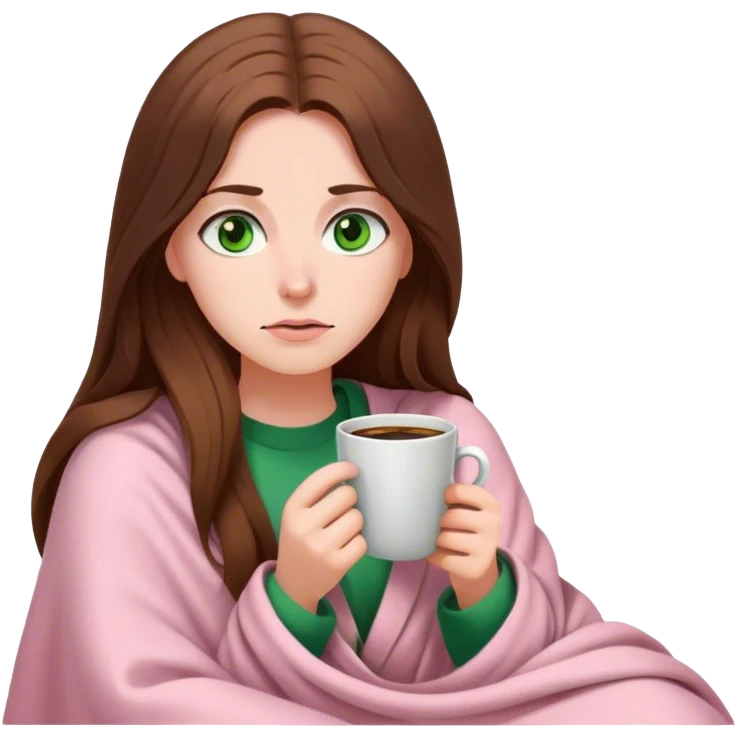 woman with very long brown hair and green eyes in a light pink blanket tired with coffee emoji