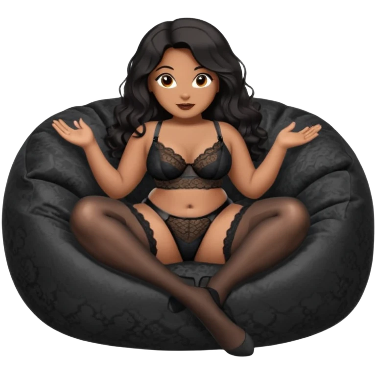 Curvy woman with brown skin with long wavy black hair, dark brown eyes. She's wearing a black lace lingerie, black lace thong, black stockings and suspender belt, she's sat on a big dark grey bean bag chair with her legs spread. She gestures you to come closer emoji