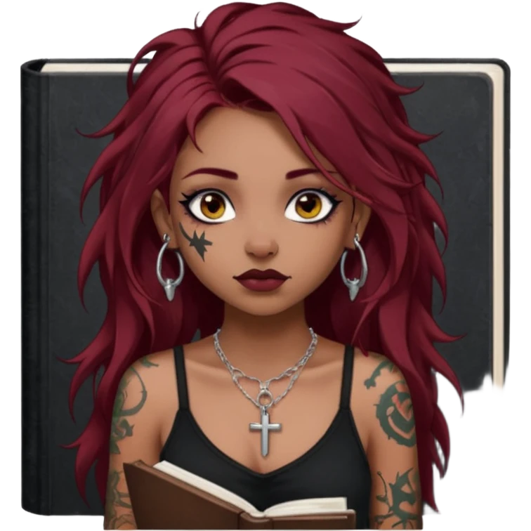 generate an ios genmoji of a dusky girl with long dark red messy hair with eyeliner on her eyes. septum piercing, wearing a cami black top, has tattoos, on shoulders. ear piercings. wearing a cross silver necklace. carrying a lot of sketchbooks


no tattoos on face emoji