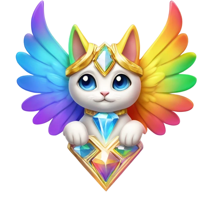 Transcendent Heavenly Rainbow 4d Diamond ultra mega surpream Omni-Cat God with wings and a ring around its body and another ring above it’s head full body emoji